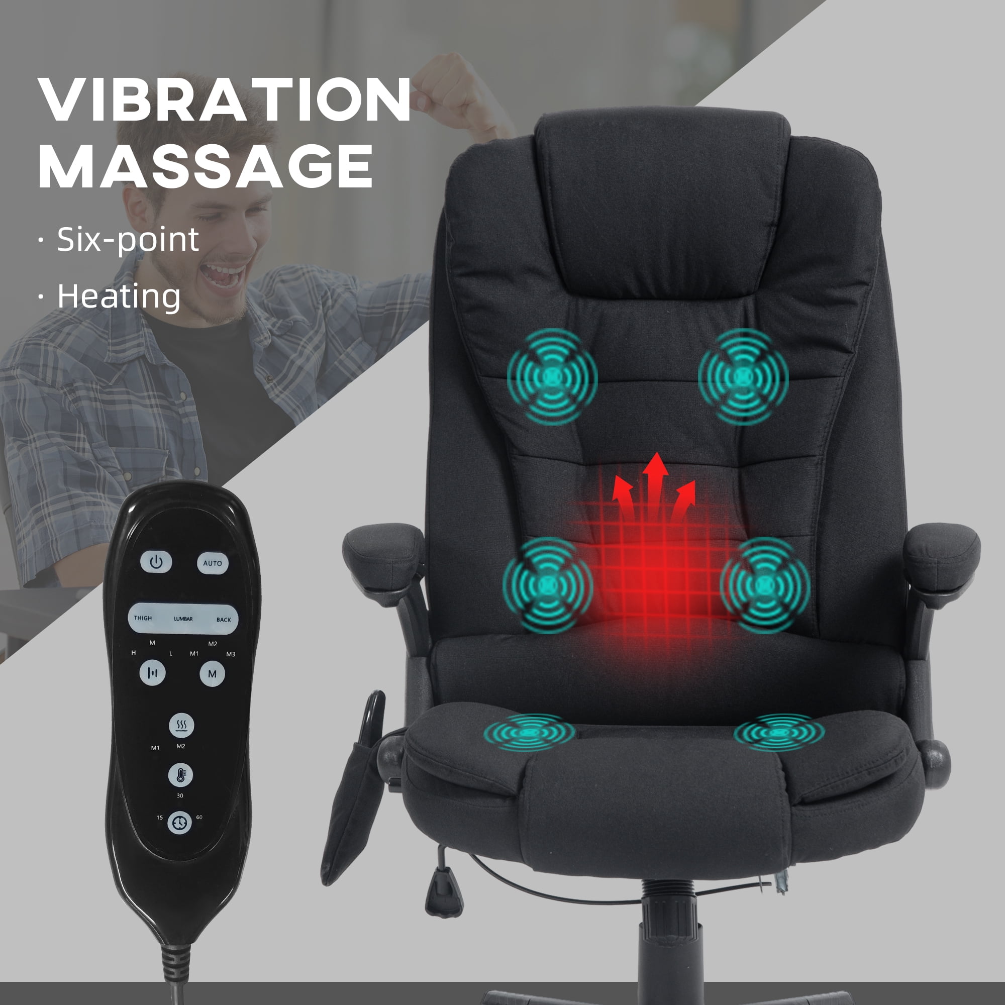 Vinsetto 6 Point Vibrating Massage Office Chair with Heat, Linen High Back Executive Office Chair with Reclining Backrest, Armrests, Black