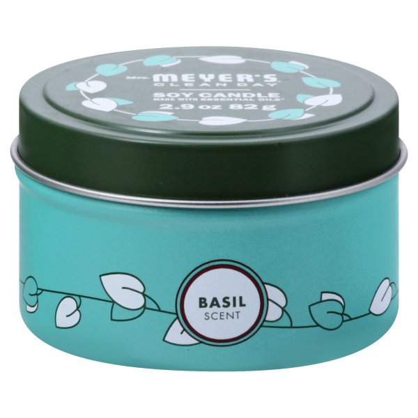Mrs. Meyers 1015077 2.9 oz White Basil Scent Tin Candle, 1.83 x 2.96 in
