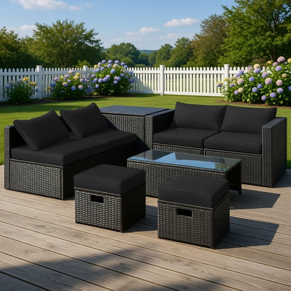 GVN Outdoor Furniture Sets, Outdoor Conversation Set,8 Pieces Patio Rattan Storage Table Furniture Set-Black