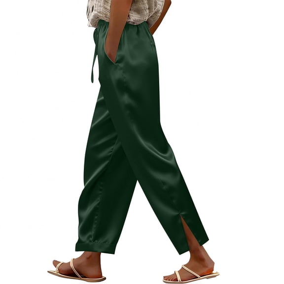Womens Satin Pajama Pants Casual Loose Lounge Pants Drawstring Elastic Waist Wide Leg Split Pj Bottoms with Pockets