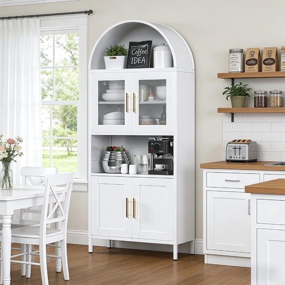 73" Tall Arched Kitchen Pantry Cabinet with Doors, Metal Arched Hutch for Kitchen, Dining Room, Living Room