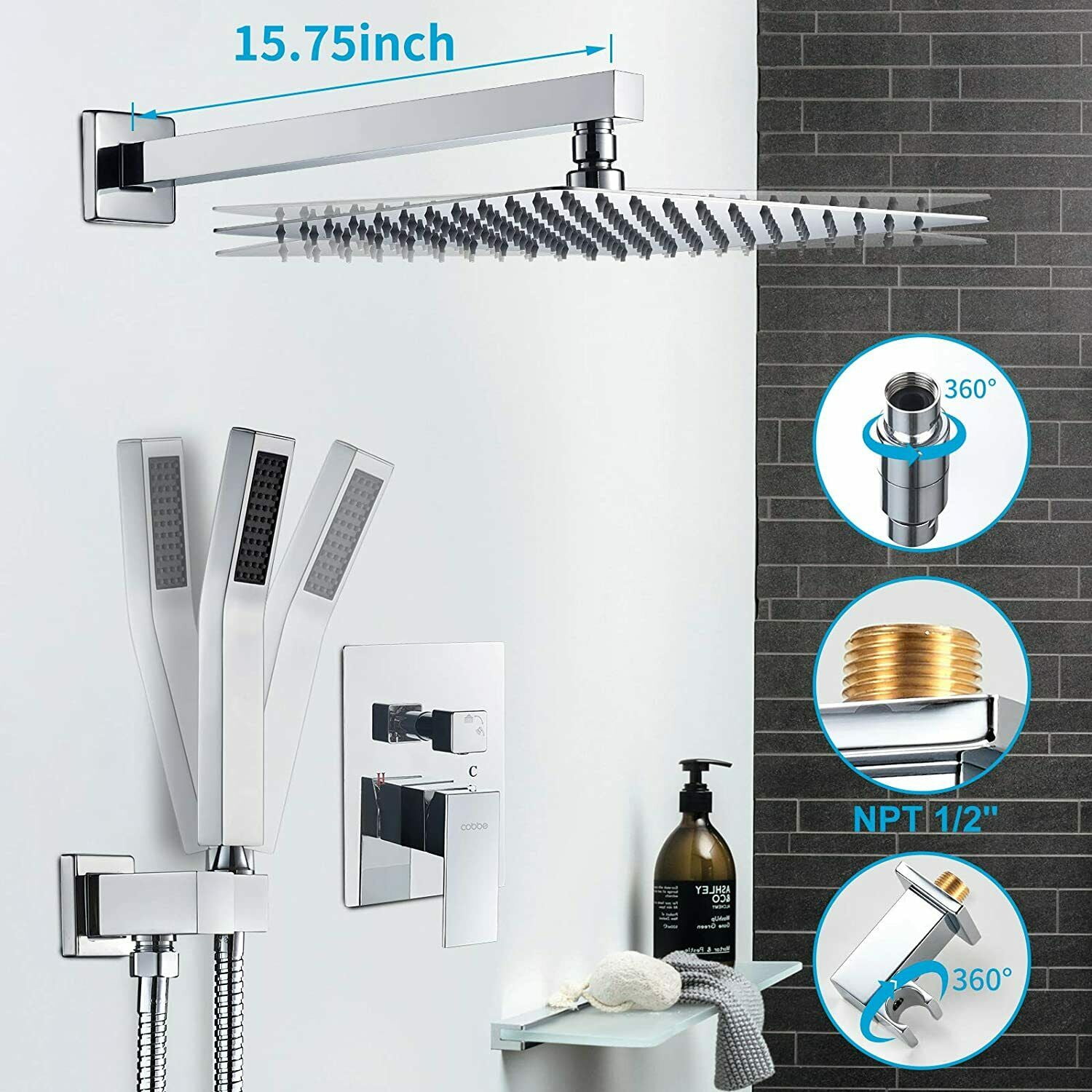 Zovajonia Shower System 12 Inches Shower Faucet Set, Rain Shower Head with Handheld Spray Bathroom Wall Mount Shower Fixtures with Tub Spout Polished Chrome