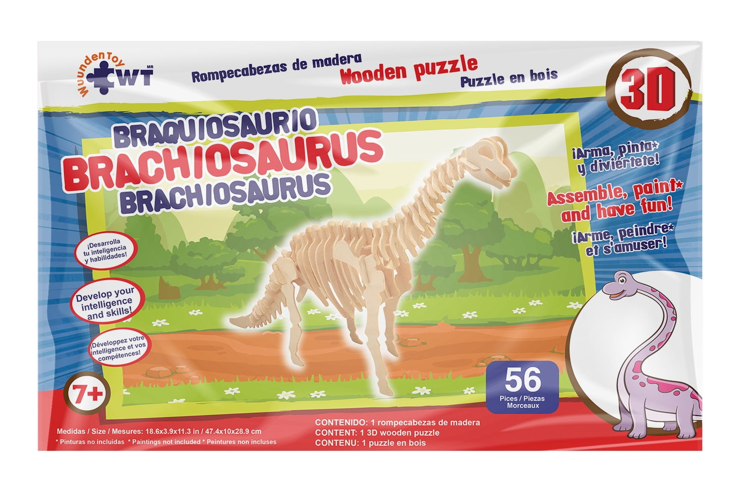 Puzzle 3D De Madera Braquiosaurio Con Luces LED – 216 Piezas, Tamaño XL (58x20.5x37.5 Cm) | Maqueta De Esqueleto De Dinosaurio Para Montar, Kit DIY Educativo Para Adultos Y Niños 10+ Años