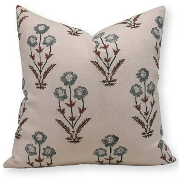 Fabdivine Block Print Throw Pillow Cover, 20x20 Inch Duck Canvas Handmade Cushion Cover, Floral Print Boho Design Grey Pillow Cover for Sofa and Couch