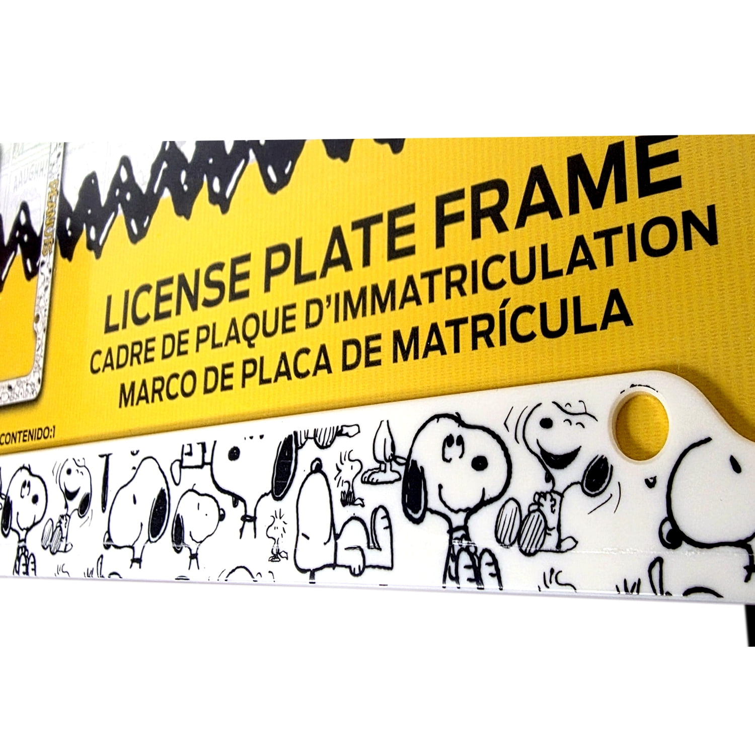 Snoopy Expression License Plate Frame 2 Pack Bundle with Little Tree Air Freshener – Plasticolor Peanuts Snoopy Design, Universal Fit Standard Car Plate Frames, Plastic