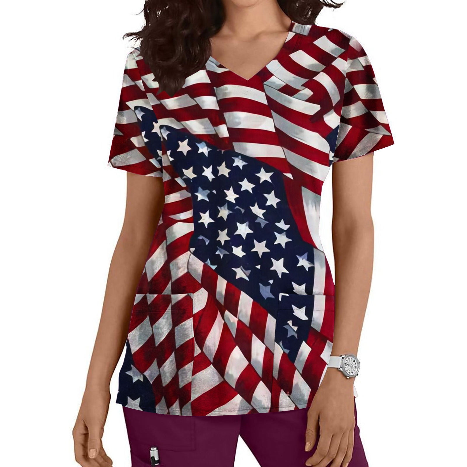 RKSTN Womens Tops 4th of July Scrubs for Women American Flag V Neck ...