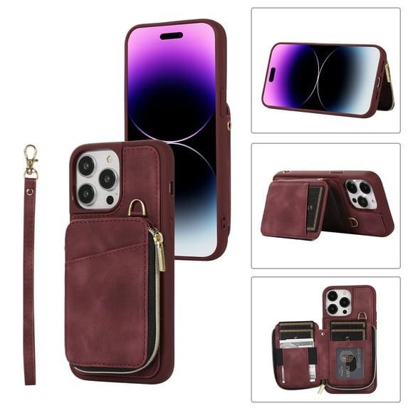 ELEHOLD for iPhone 14 Pro 6.1 inch Luxury Zipper Wallet Case with Card Slots Zipper Pocket Kickstand Function Wriststrap Crossbody Shoulder Strap Shockproof Purse Case,Winered