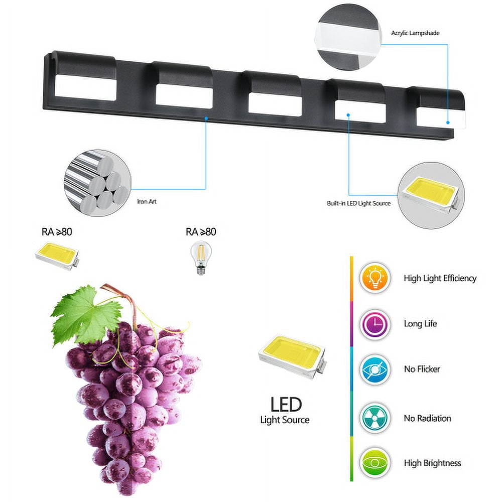 ACE-LIGHTS,5-Light Modern Bathroom LED Vanity Light With Acrylic Lampshade,Bathroom Wall Lighting for Bathroom,Dressing Room,Bedroom,Living Room(Black)