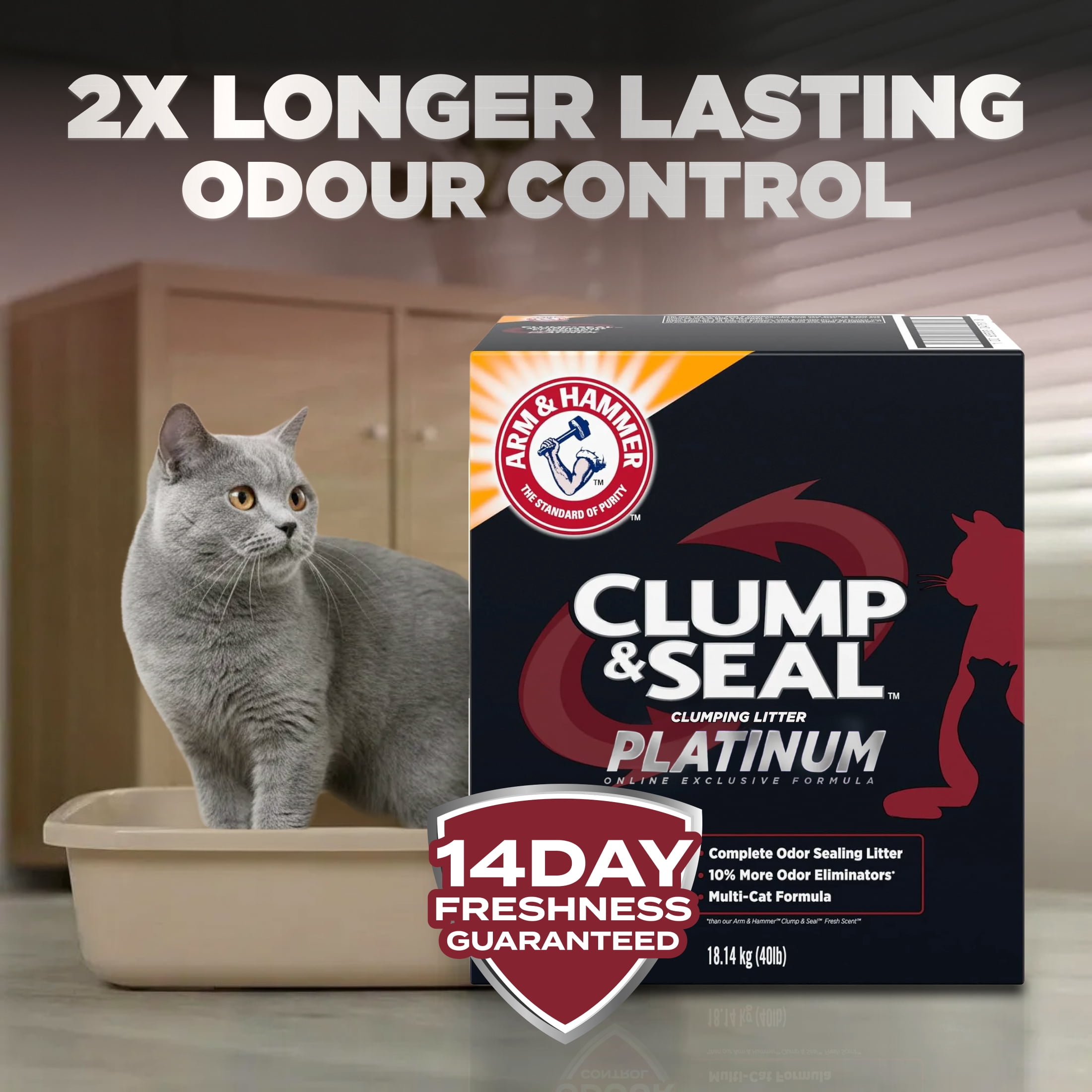 Arm & Hammer Litière pour Chat en Argile Platinum Clump & Seal, Multi-Chat, 18.14kg, Nettoyage Facile, Agglomérats Durs, Contrôle des Odeurs, Sans Poussière