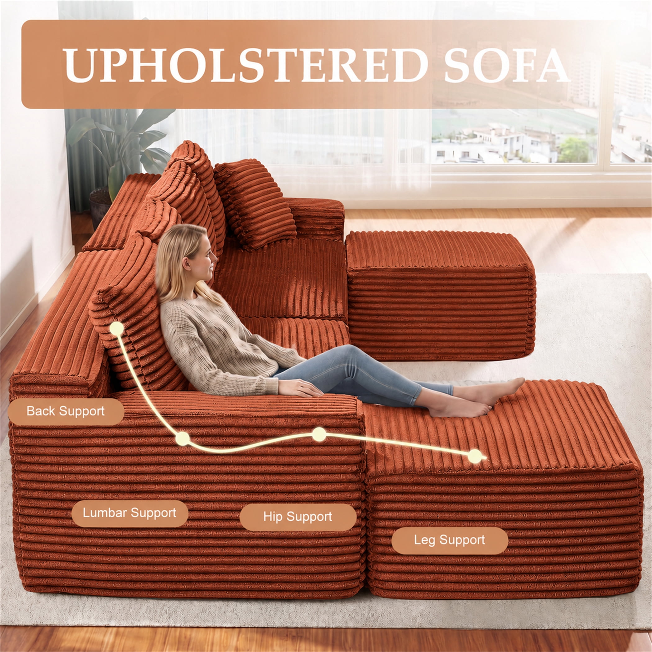 Aukfa 115" Cloud Sectional Sofa U Shape Modular Boneless Couch for Living Room, 2 Ottoman&Pillows, Corduroy, Orange