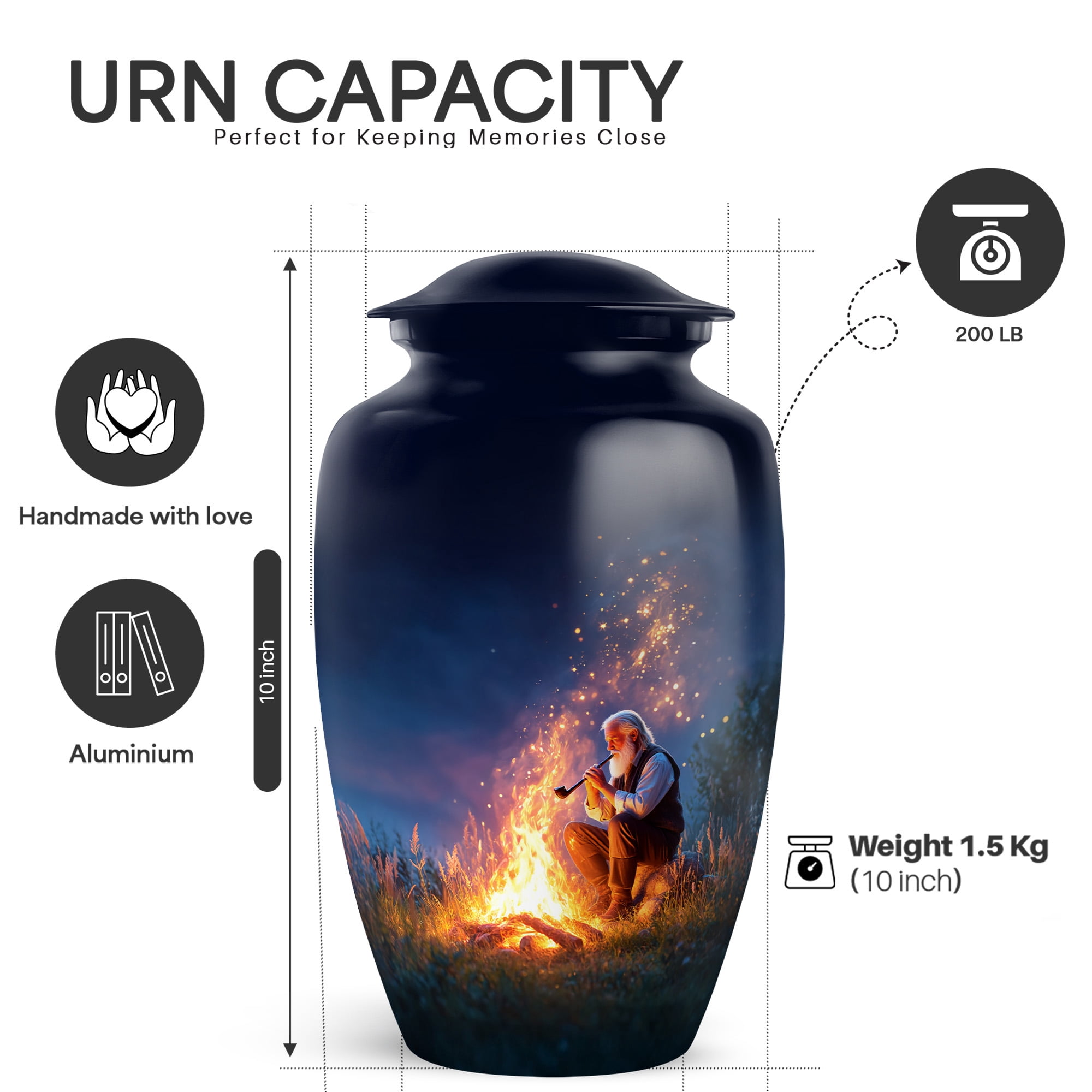 Yatskia Night Campfire Decorative Large Funeral Urns for Human Ashes Adult Mother and Father, Little Cremation Keepsake Urn for Ashes Adult Male, (Classic 10 Inch and 3 Inch)