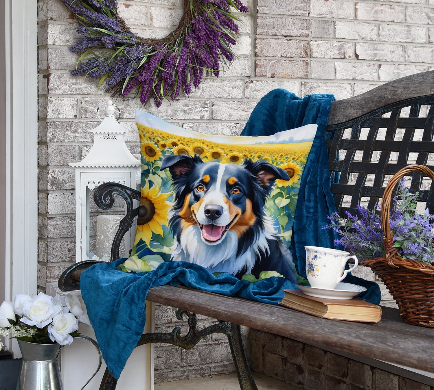 Border Collie in Sunflowers Throw Pillow 18 in x 18 in