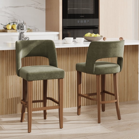 Set of 2 26 Inch Upholstered Counter Height Bar Stools, Ergonomic Bar Stools with Backrest and Wood Legs for Kitchen Island Dining Room Bar, Dark Green and Wood