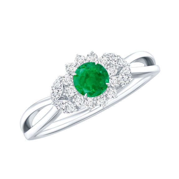 Rosec Jewels Natural Emerald Flower Engagement Ring for Women - Half Carat - AAA Grade - Emerald and Diamond Ring - with Jewelry Box, 925 Sterling Silver, US 4.00