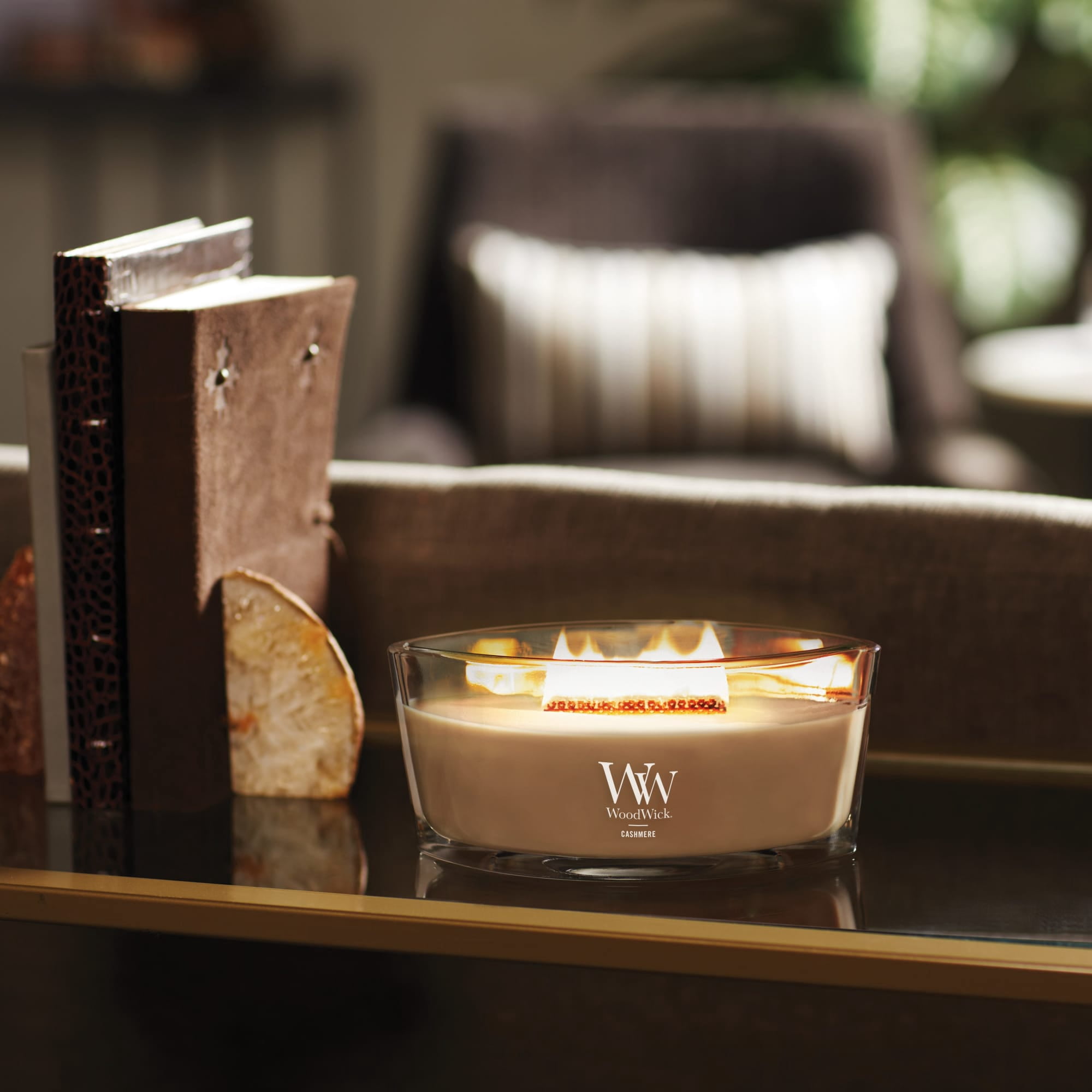 WoodWick Cashmere Scented Ellipse Candle, Crackles as it Burns, Up to 50 hrs burn time, Great for Gifting, 16oz