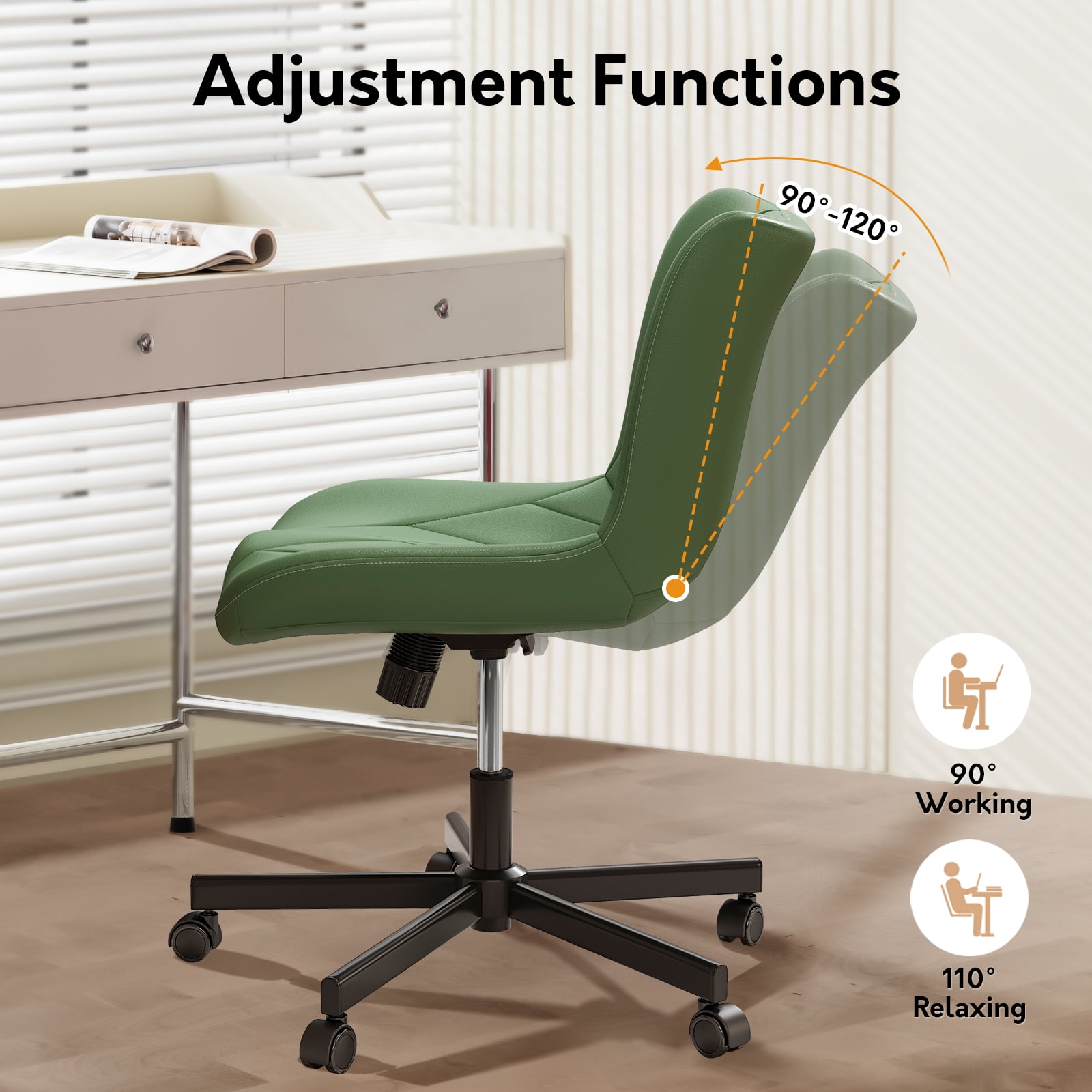 Ninecer Adjustable Armless Office Chair, Leather Desk Chair with Wheels, Office Chair for Home Office, Computer Rolling Chair for Adults, Comfy Task Chair, Green