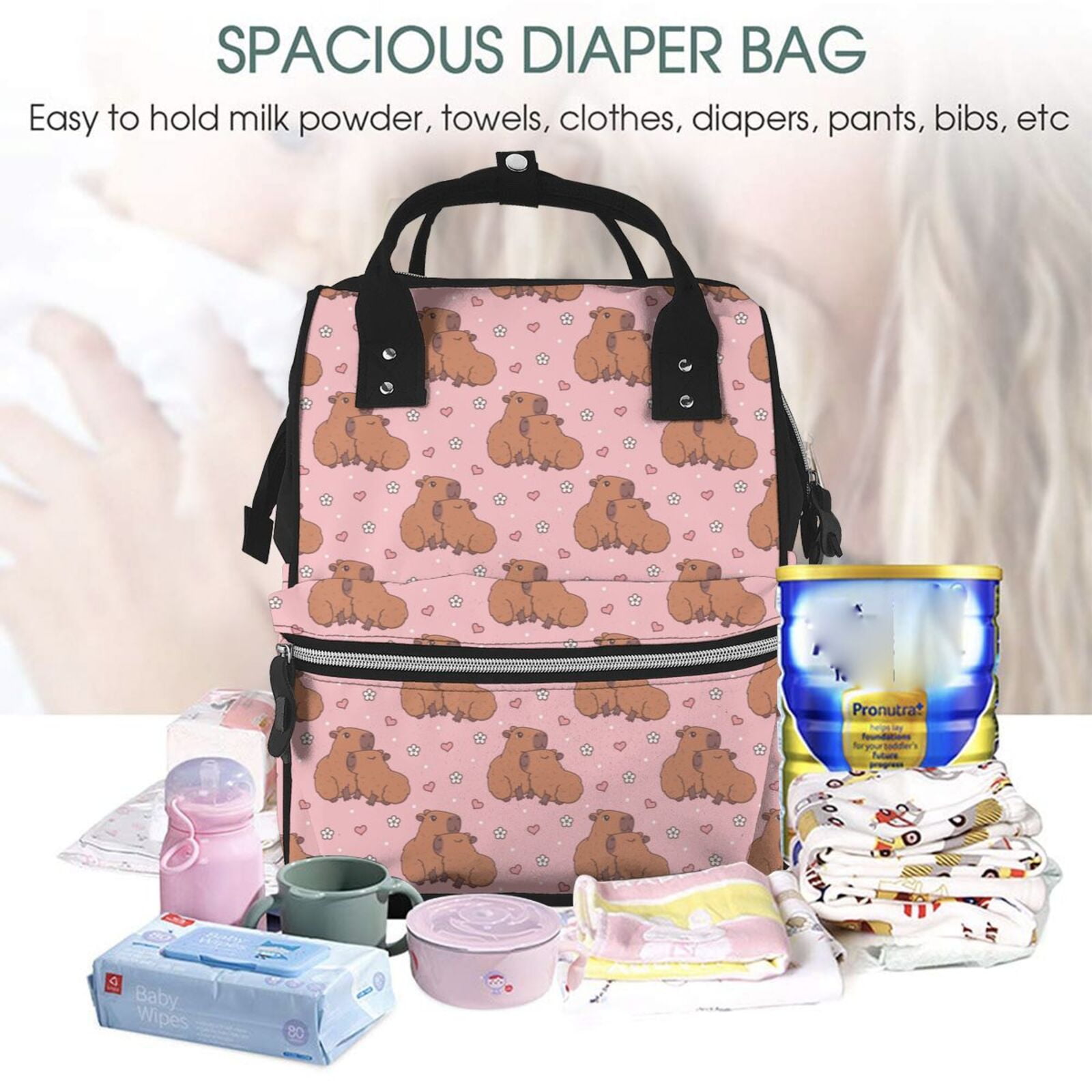 Ratiio Heart Capybara Mummy Backpack - Waterproof Twill Canvas, Large Capacity Diaper Bag with Multiple Pockets and Adjustable Straps