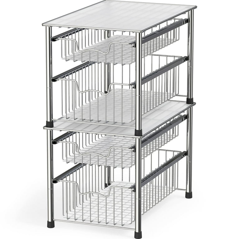 SimpleHouseware 2 Tier Sliding Cabinet Basket Organizer Drawer, Silver 