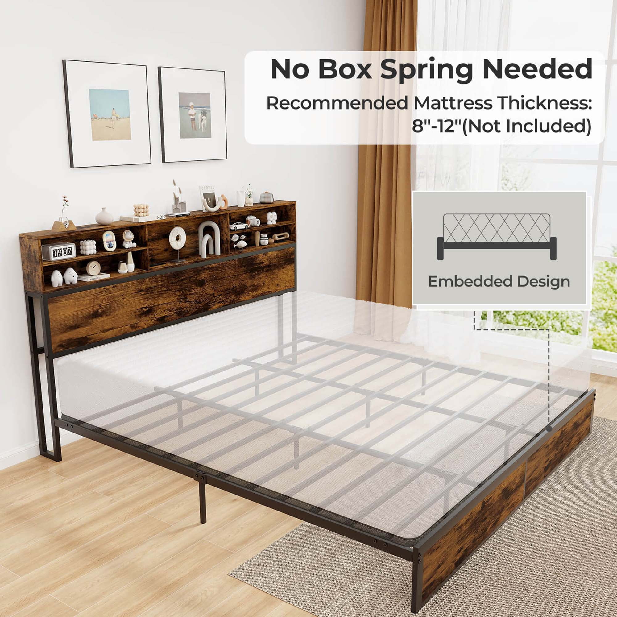 Costway King Bed Frame with Charging Station Storage Headboard Under-bed Storage Space