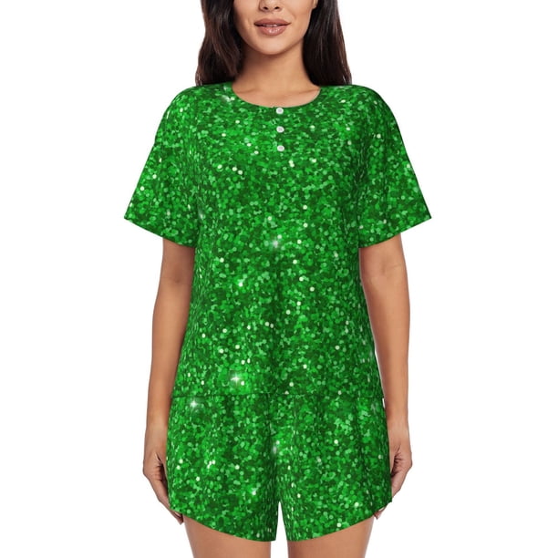 Fotbe Green Glitter Conjunto de Pijama Estampado para Mujer, 2 Piezas, Ropa de Dormir con Camiseta de Manga Corta y Shorts Suaves-4X-Large