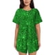 thumbnail image 1 of Fotbe Green Glitter Conjunto de Pijama Estampado para Mujer, 2 Piezas, Ropa de Dormir con Camiseta de Manga Corta y Shorts Suaves-4X-Large, 1 of 6