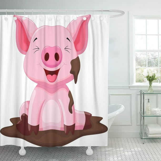 SUTTOM Pink Cute Funny Pig Playing in The Mud Pork Shower Curtain 60x72