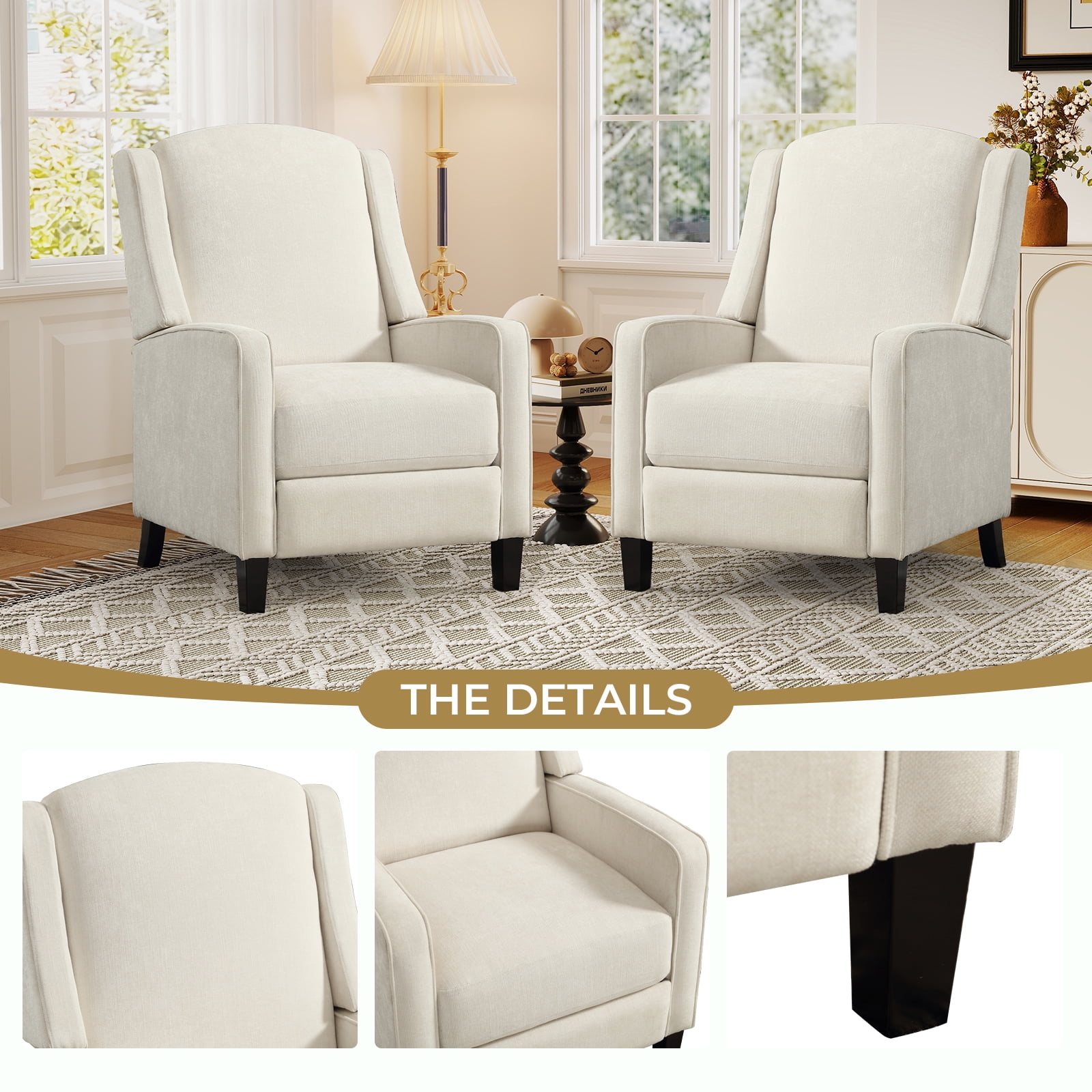 Bonzy Home 2-Pack Manual Push Back Recliner Chairs, Fabric Wingback Reclining Chairs with Padded Seat, Modern Recliners for Living Room Bedroom, White