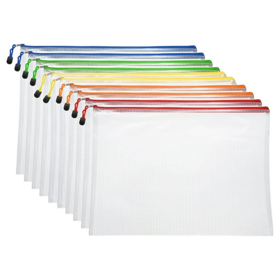 Uxcell 10pcs Mesh Zipper Pouch Bags A3 17" x 12" Plastic Waterproof Mesh File Bag Clear Document Zipper Pouches for Classroom Home Travel Office Supplies Organization, 5 Colors