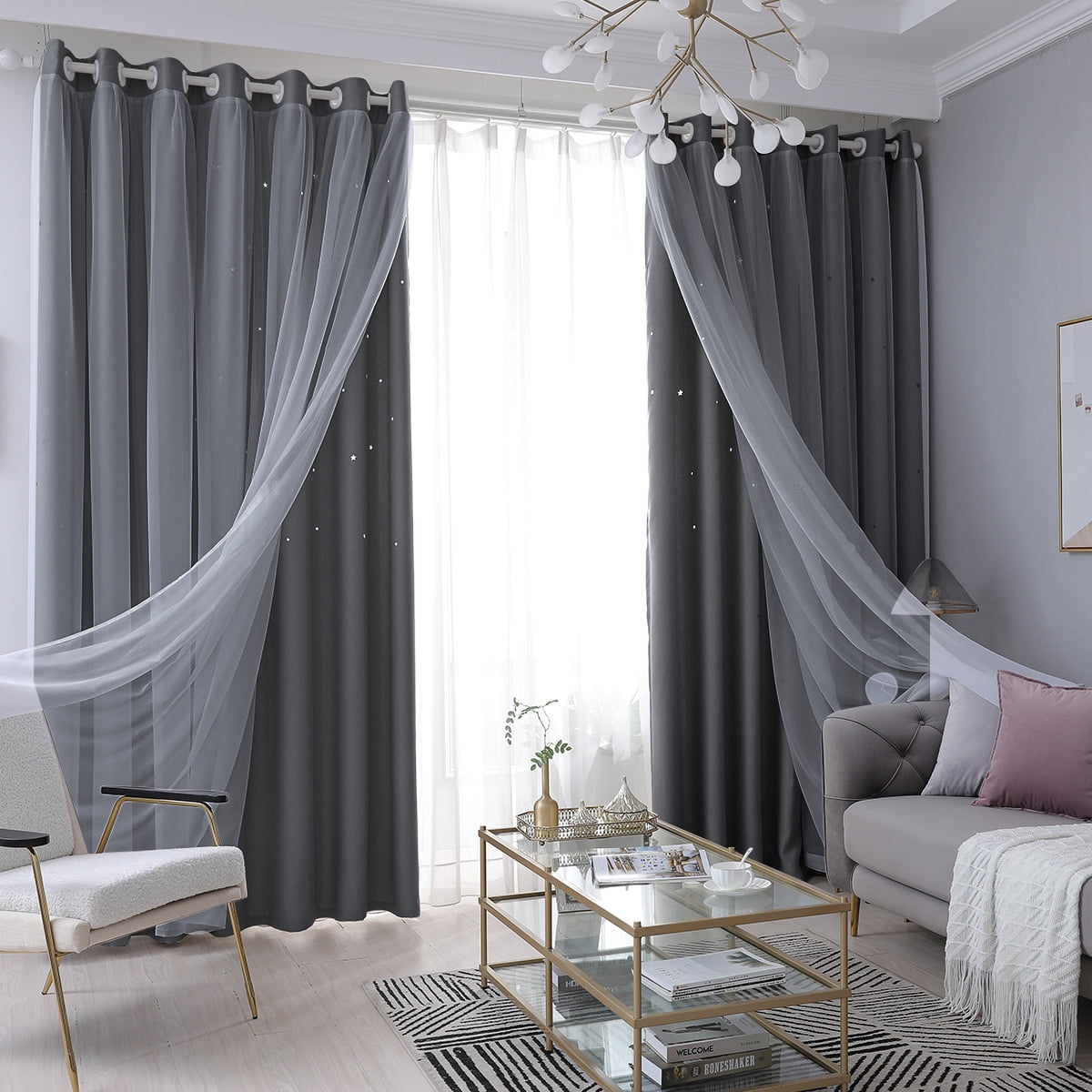 1/2/4 Panels Window Curtain Double-Layer Yarn Tulle Hollow-Out Star Ombre Drapes 