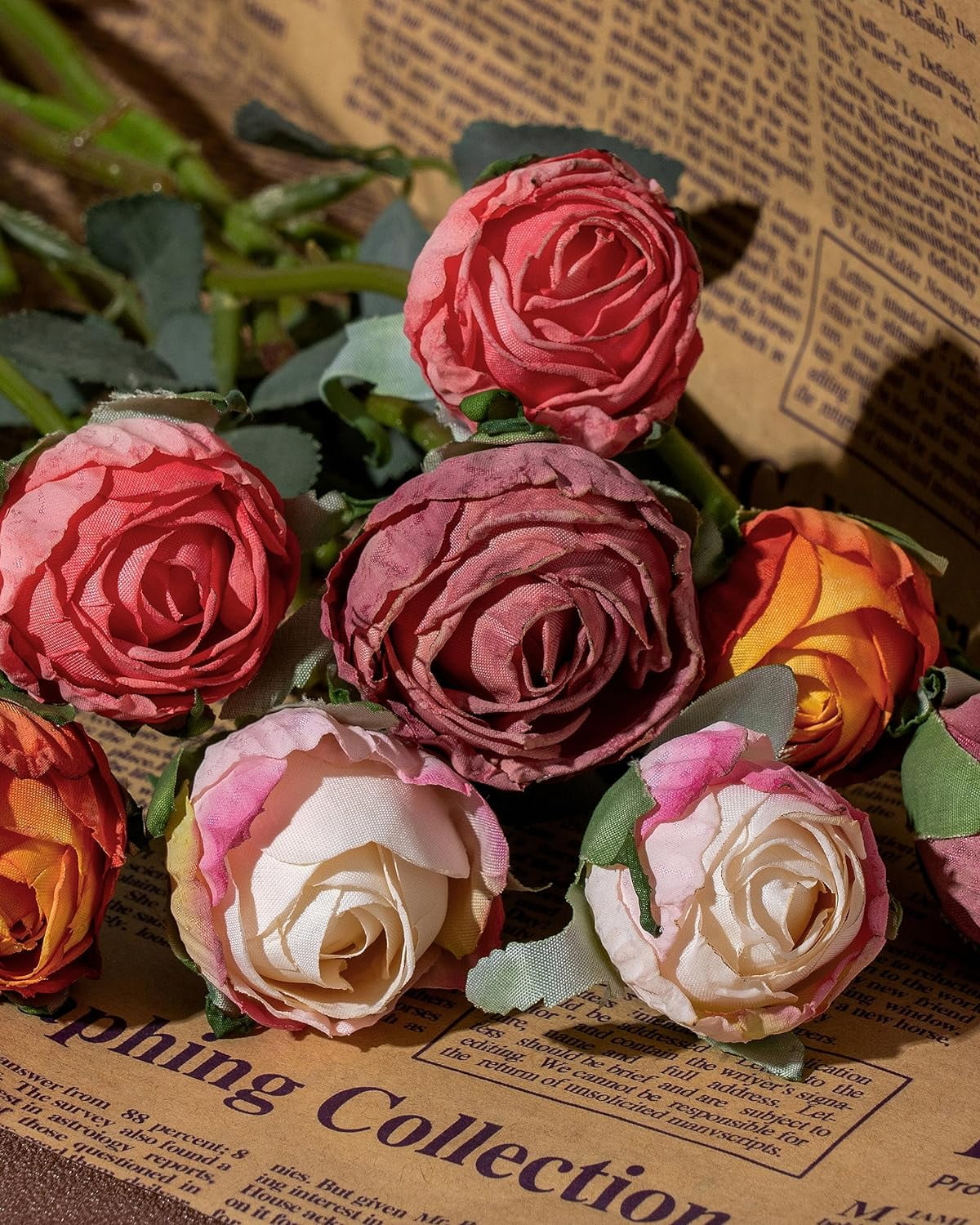 24pcs Artificial Vintage Roses Fake Silk Rose Flowers with Long Stem for DIY Bouquets Wedding Centerpiece Party Home Kitchen Decoration(Cream Pink)
