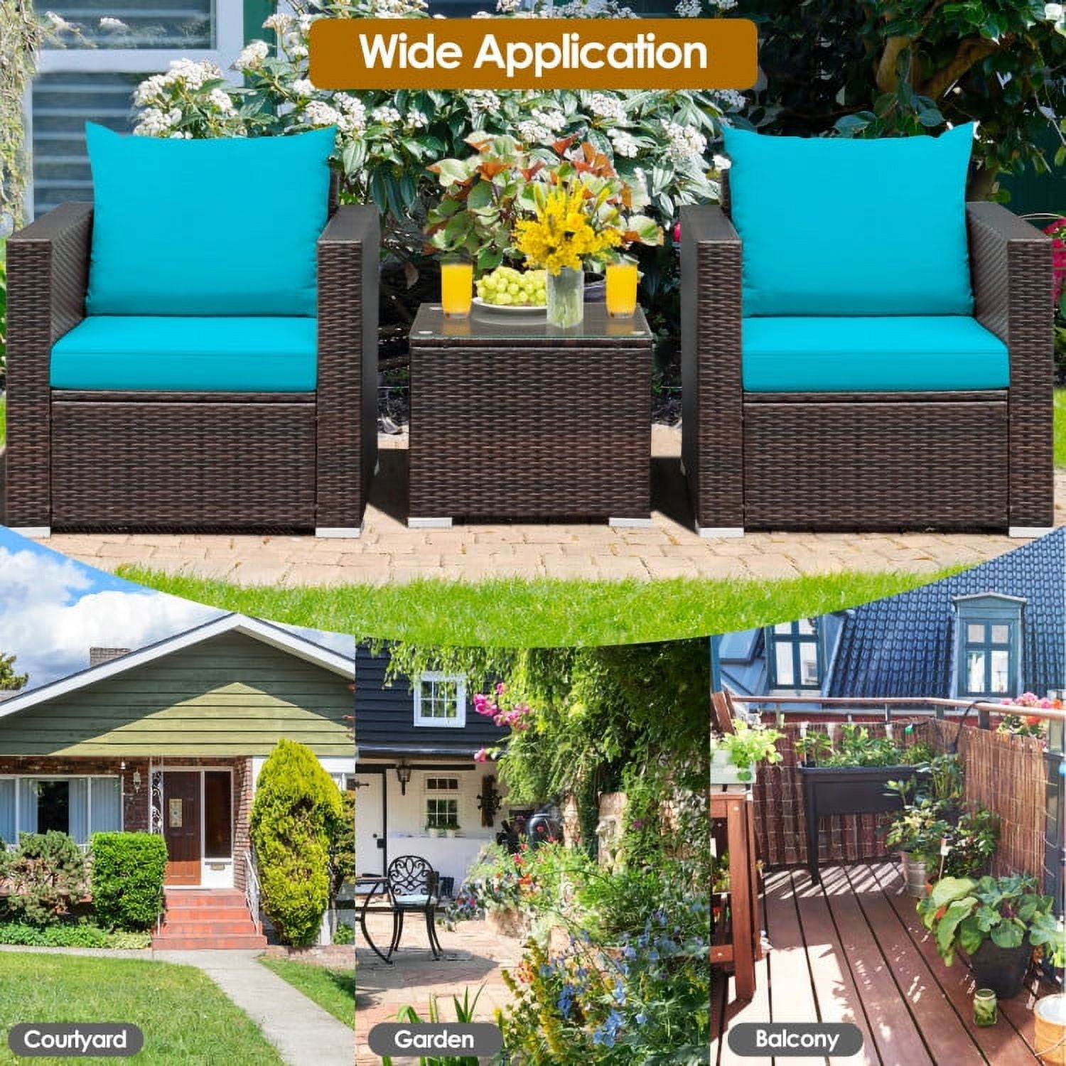 Aimee Lii 3 Pieces Patio Rattan Furniture Bistro Sofa Set with Cushioned, Modern Patio Furniture, Turquoise Aimee Lii 3 Pieces Patio Rattan Furniture Bistro Sofa Set with Cushioned, Modern Patio Furniture, Turquoise