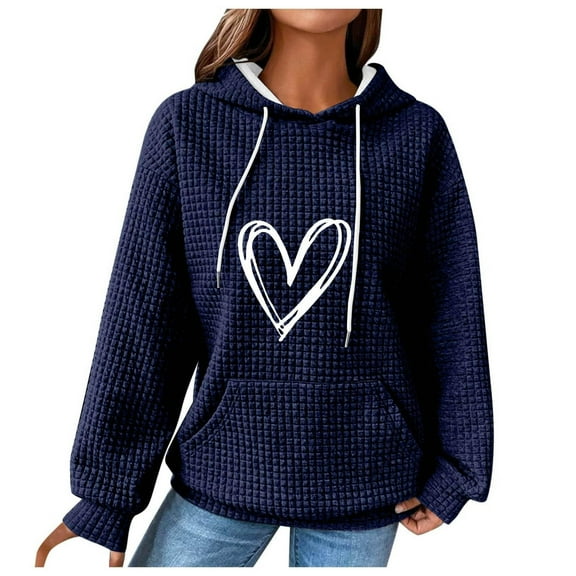 Tunic Tops for Women Loose Fit Leggings Winter Classic Hooded Long Sleeve Bubble Cold Shoulder Drawstring Heart Print Hoodie Cotton Hoodies Sweatshirts(Navy,XXXXXL)