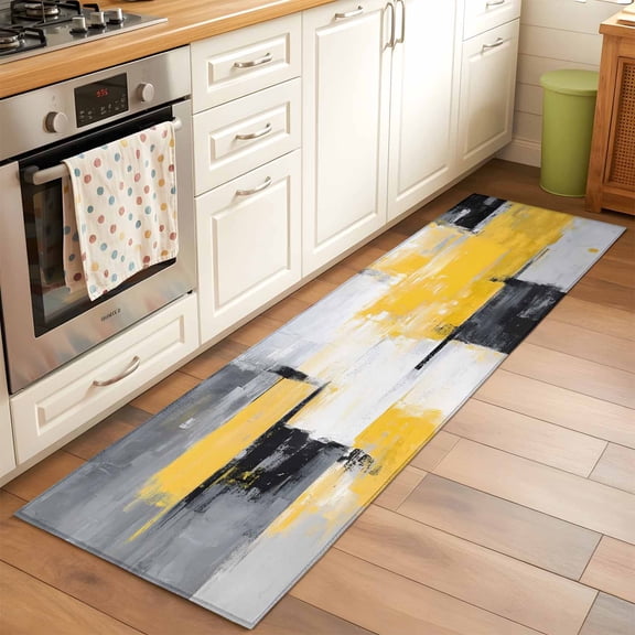 Abstract Mottled Runner Rug for Hallway 2x6ft, Retro Yellow Gary Stitching Non Slip Floor Mat Washable Low-Profile Indoor Carpet for Living Room, Bedroom, Dining Room