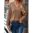 thumbnail image 3 of Womens Soft Long Sleeve V Neck Shirts Solid Casual Decorative Buttons Knitted Pullover Tunic Tops Coffee Color S, 3 of 7