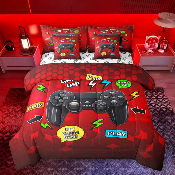 Homewish Cartoon Game Console Twin Bedding Sets 7-Piece, Eat Sleep Game Bedding Comforter Set, Teens Kids Boys Girls Reversible Sheet Sets, Breathable Home Decor