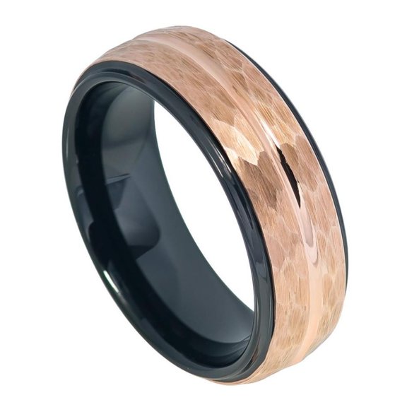 Custom Personalized Engraving Wedding Band Ring Set for Him & Her - 8mm Two-tone Black IP Inside Rose Gold IP Hammered Finish with Center Groove Stepped Edge