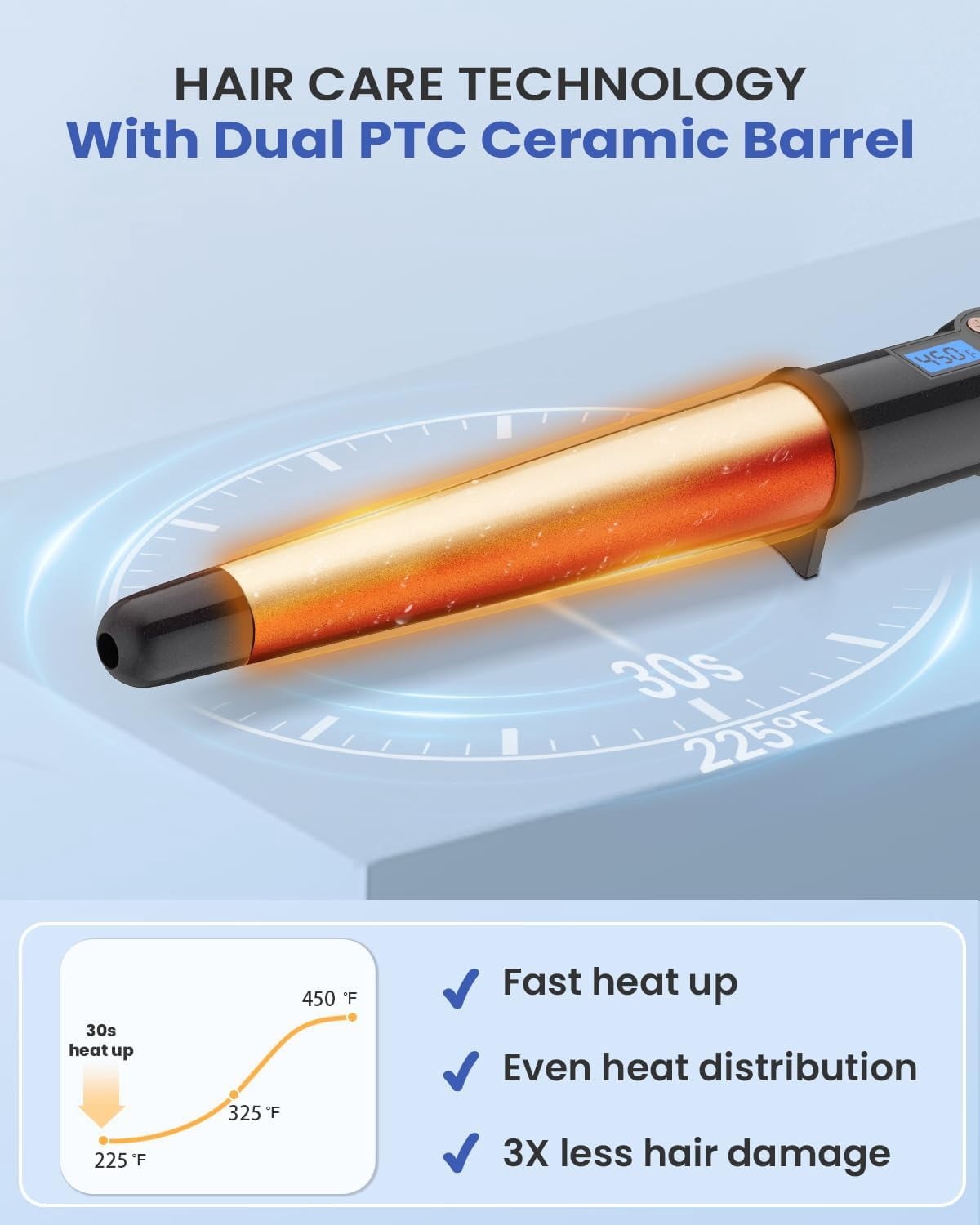 Ceramic Tapered Curling Wand 0.5-1 Inch Beachy Waves, 1/2-1 Inch Curling Iron for Long Hair,Dual Voltage Hair Wand Curler with LCD Display 225-450℉|Glove Include