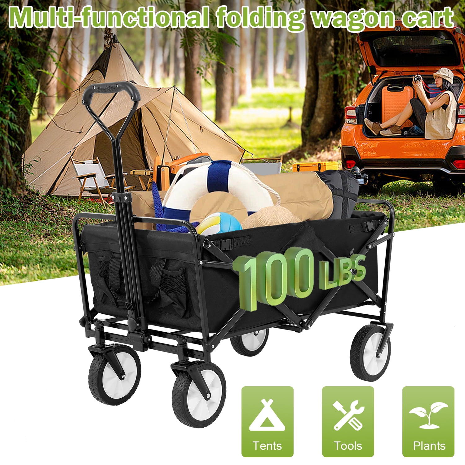 Collapsible Wagon Cart Folding Wagon Garden Cart Portable Beach Wagon with Wheels & Adjustable Handle for Garden Sport Shopping Beach Trip, Black