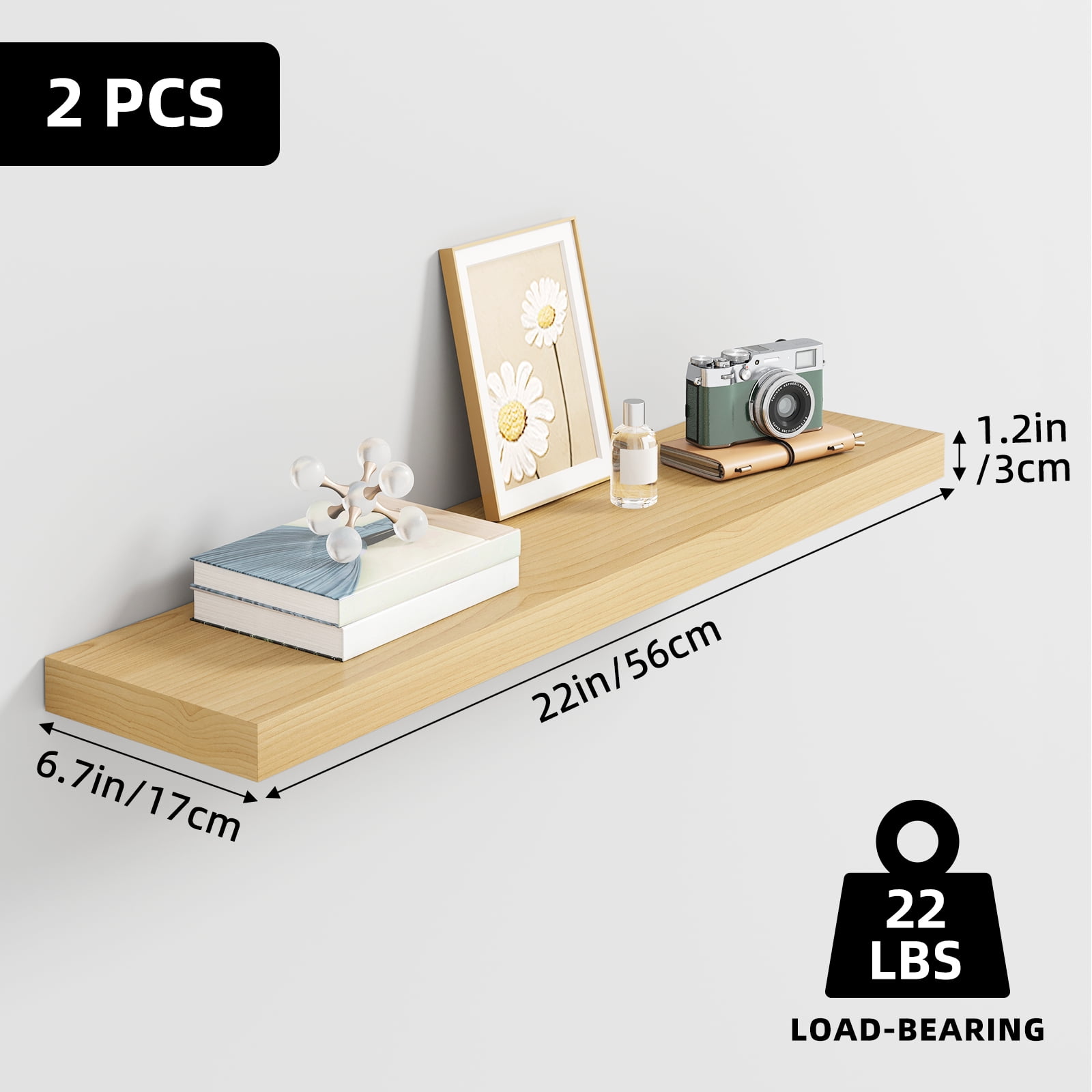 Fairy 2pcs Floating Shelves for Wall, 22.5in Bathroom Kitchen Shelves for Rustic Farmhouse Decor, Oak