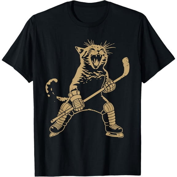 Cat Playing Hockey On Ice Fun Sports Cat Fan Vintage Design T-Shirt