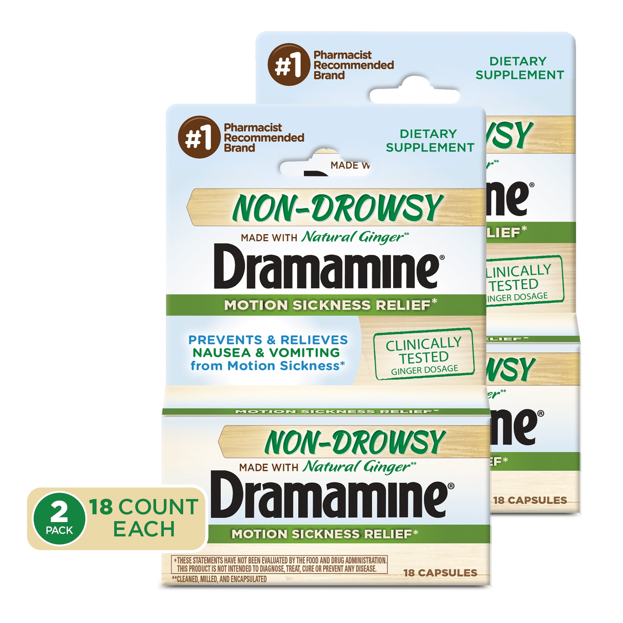 Dramamine NonDrowsy Naturals Motion Sickness Relief, 18 Count, 2 Pack