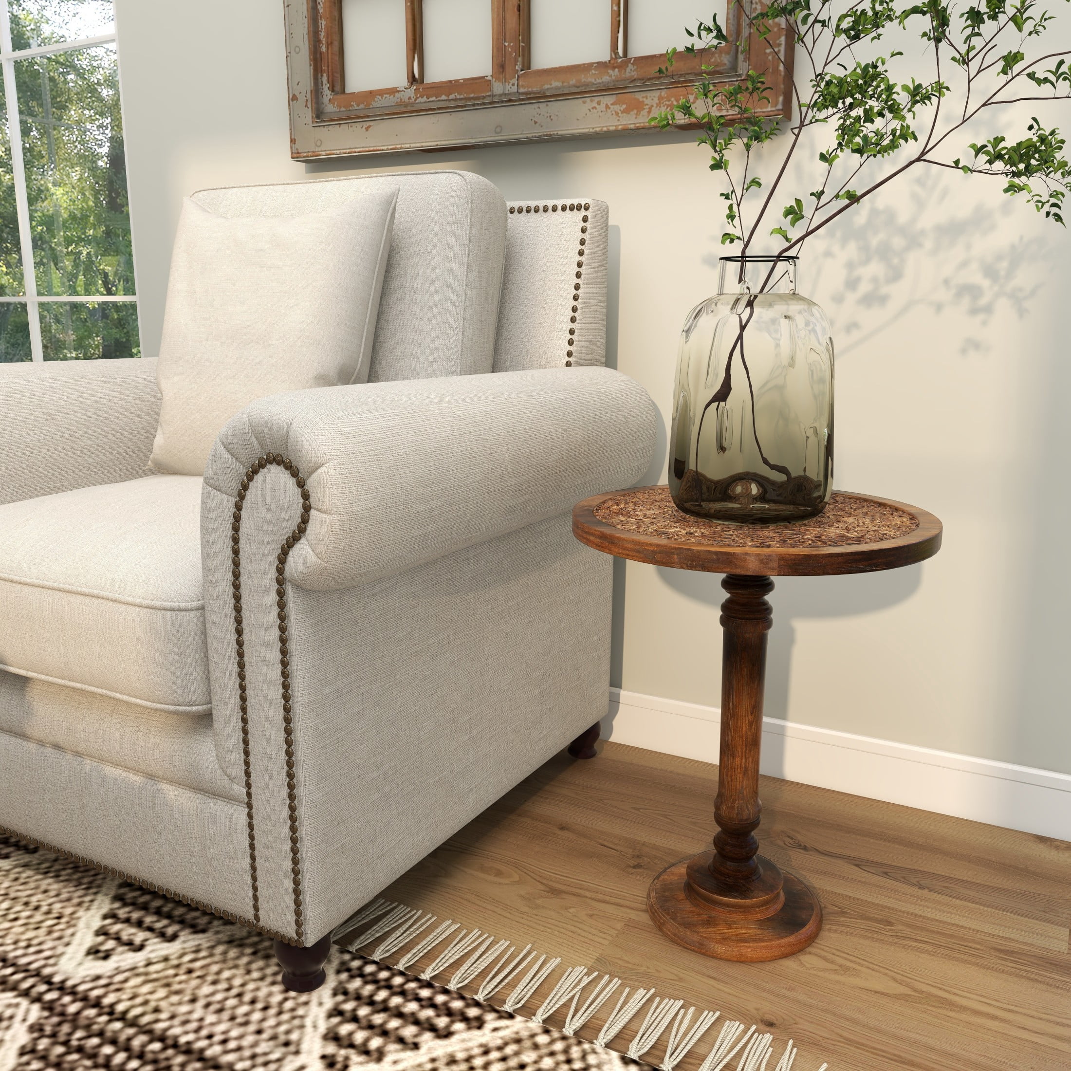 DecMode Mango Wood Traditional Carved Floral with Exposed Wood Grain Accent Table 17"W x 21"H, with a Dark Brown Finish
