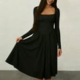 thumbnail image 5 of YueHuiYing Women's Square Neck Long Sleeve Fitted Waist Solid Color Mid-Length Dress Long Sleeve Square Neck Knee-Length Dress, 5 of 9