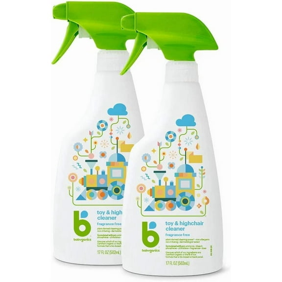 Toy & Highchair Cleaner Spray, Fragrance Free, 17oz Spray Bottle, Made without ammonia, bleach, phosphates, phthalates or dyes, Pack of 2.