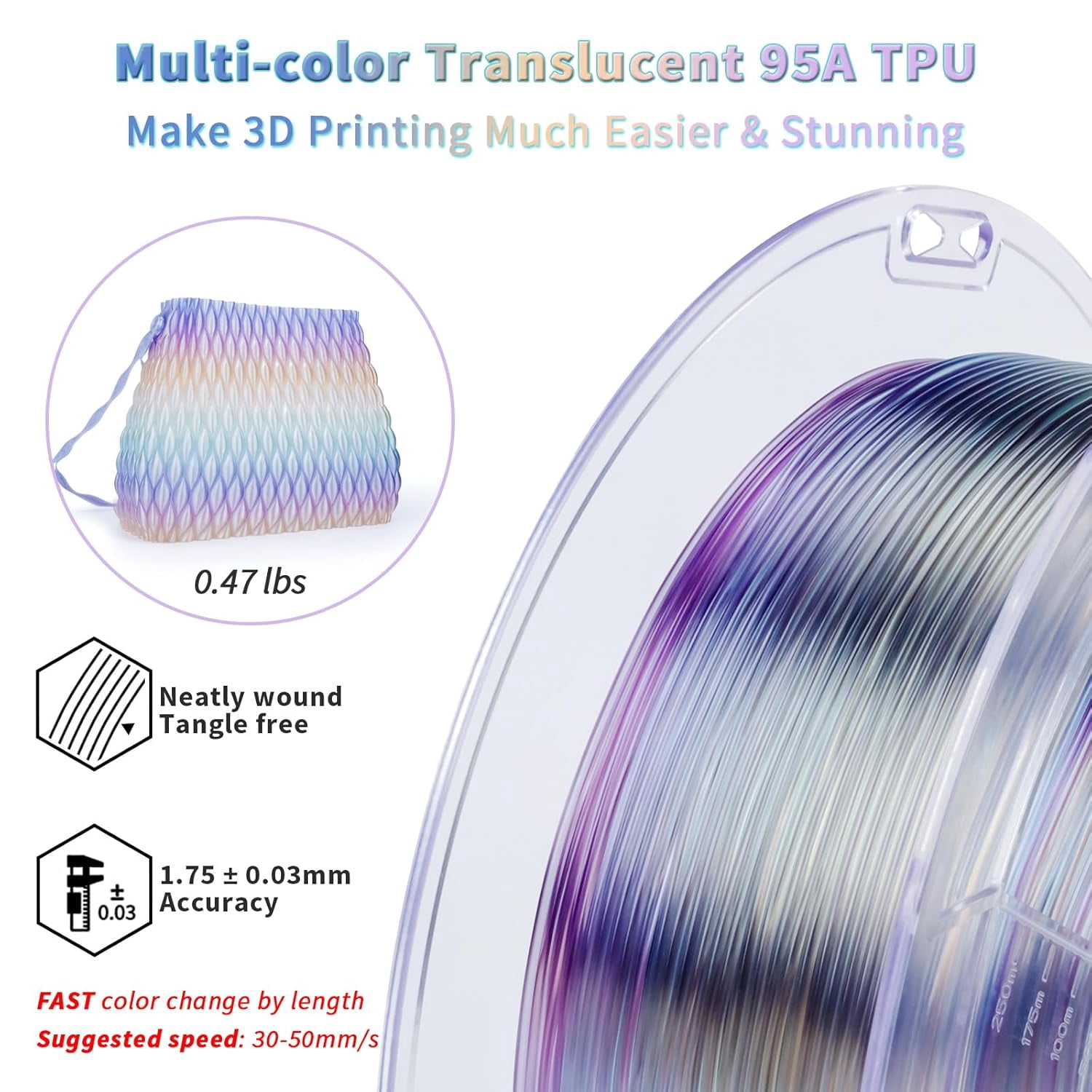 ZIRO TPU Filament 1.75mm, Flexible Fast Color Change Filament, Shore 95A Hardness TPU, Compatible with Most FDM Printers, Colorful and Soft 3D Printing Material, 0.8KG/ 1.76lbs Spool, Flex Opal