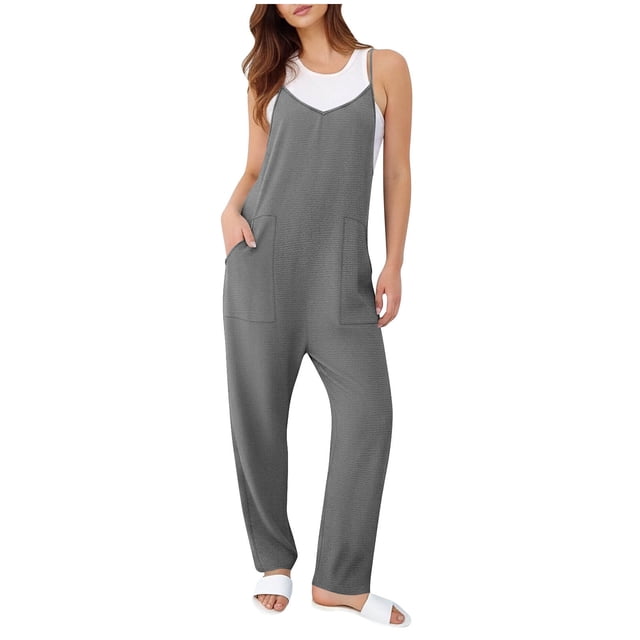 HomeGardon Combinaisons pour Femmes Col en V Bretelles Spaghetti Sans Manches Salopettes d'Été Décontractées Pantalons Longs avec Poches