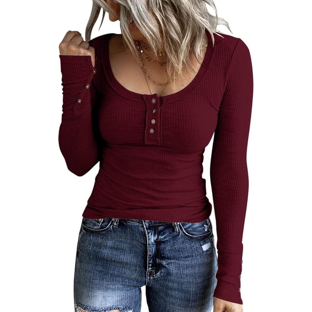 Camisetas Henley de manga larga para mujer, camisetas ajustadas con botones y cuello redondo, camisas de punto acanalado