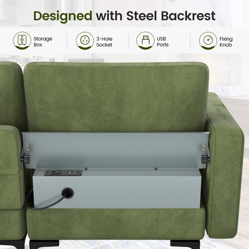 Finihen 3-Seat Sofa Couch, Modular 3-Seat Sofa Couch with Socket USB Ports and Side Storage Pocket, for Living Room, Bedroom, Green Finihen 3-Seat Sofa Couch, Modular 3-Seat Sofa Couch with Socket USB Ports and Side Storage Pocket, for Living Room, Bedroom, Green