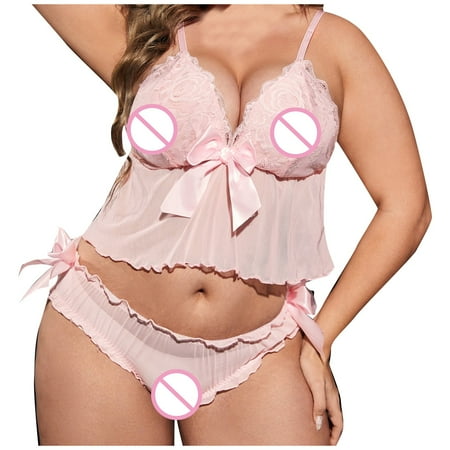 

RPVATI Women Sexy Lingerie Mesh Bow Underwire Plus Size V Neck Bra and Panty Set