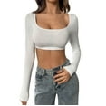 thumbnail image 2 of WCJM Casual Long Sleeve Crop Top for Women Square Neck Ribbed Knit Slim Fitted Basic Shirt Women's Long Sleeve T-Shirt, 2 of 8